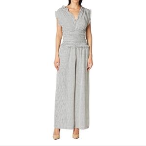 Max Studio NWT Jumpsuit Cream Black Stripe Smocked Waist Ruffle V-Neck Pockets